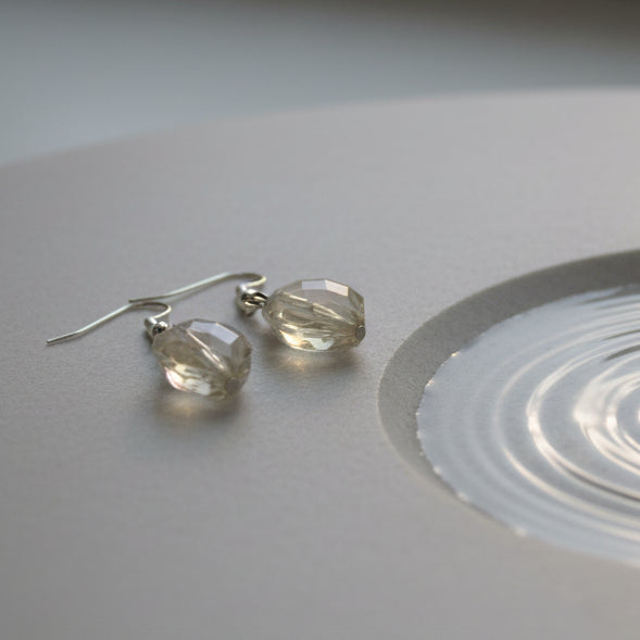 Pair of silver earrings with clear gemstones on a gray background