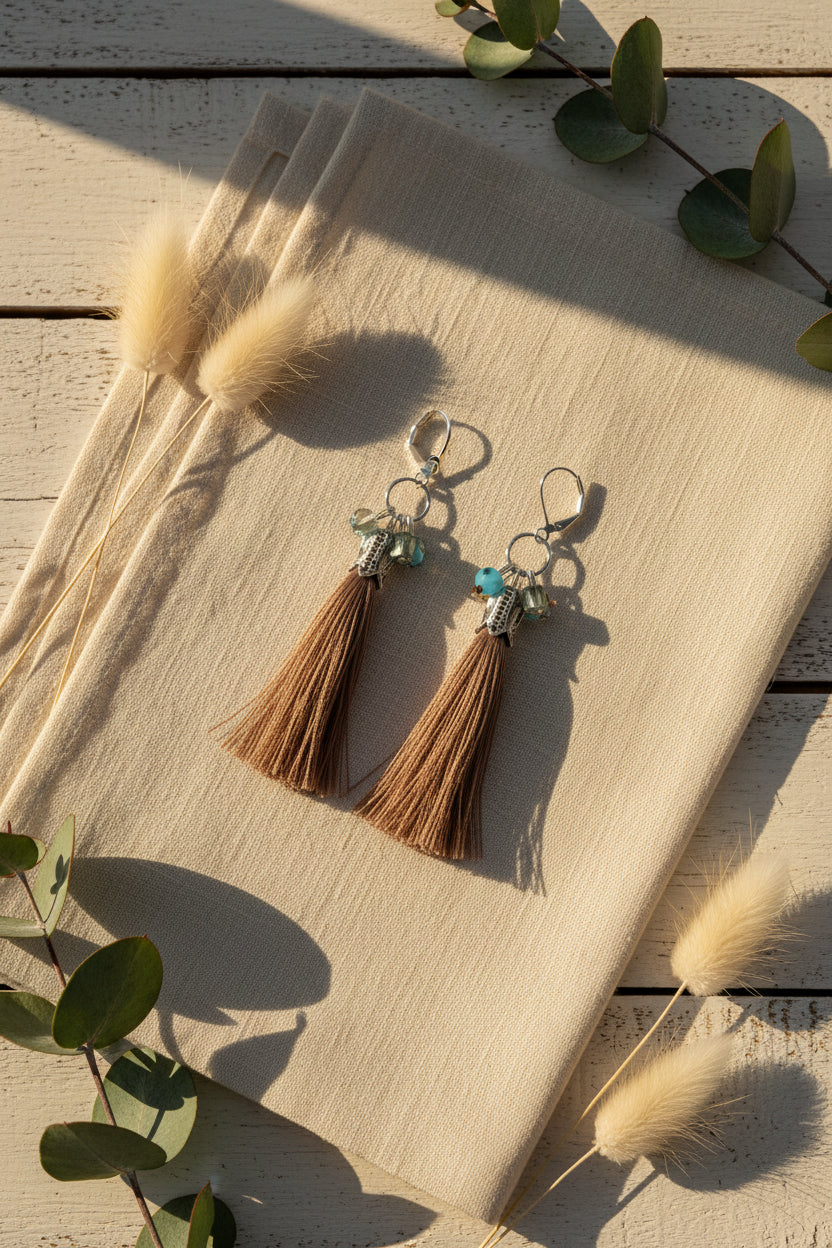 A pair of bohemian-style dangle earrings with silver-toned metalwork, small turquoise blue beads, and long brown tassel charms, displayed on a clear acrylic stand against a light gray background.