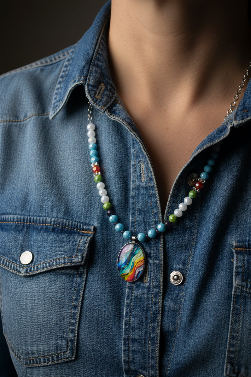 A beaded necklace with a colorful oval pendant, featuring a silver chain, white faux pearls, and small beads in blue, green, orange, and purple, displayed on a white surface.