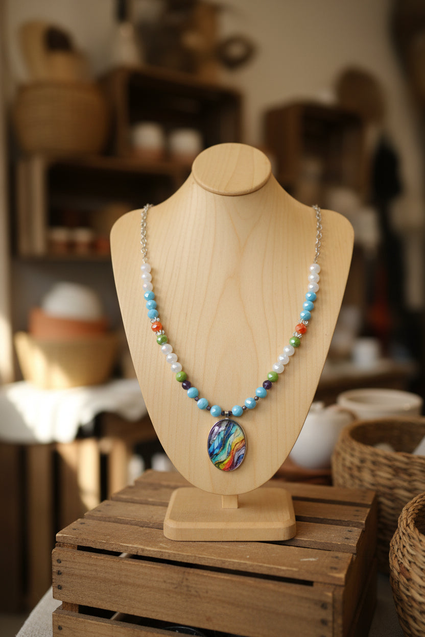 A beaded necklace with a silver-tone chain, featuring light blue, white, green, and orange beads, and a central oval pendant with a colorful marbled pattern in blue, yellow, and purple.