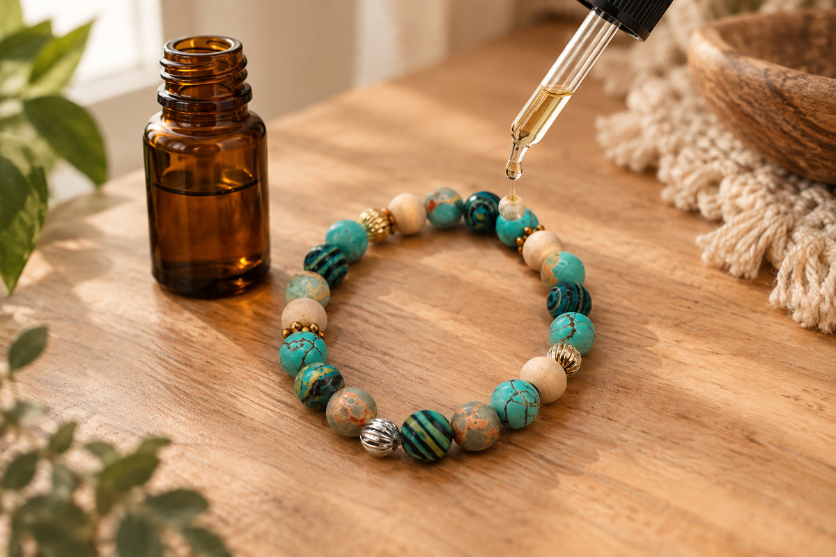 A beaded stretch bracelet featuring round turquoise, cream, and striped marbled beads with small gold and silver metallic accents, displayed on a neutral gray background.