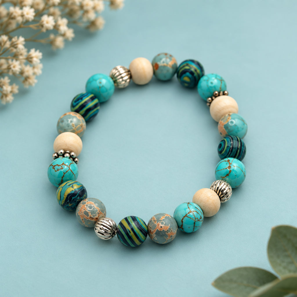 A beaded stretch bracelet featuring turquoise, green, cream, and gold marbled beads, displayed on a neutral gray background.