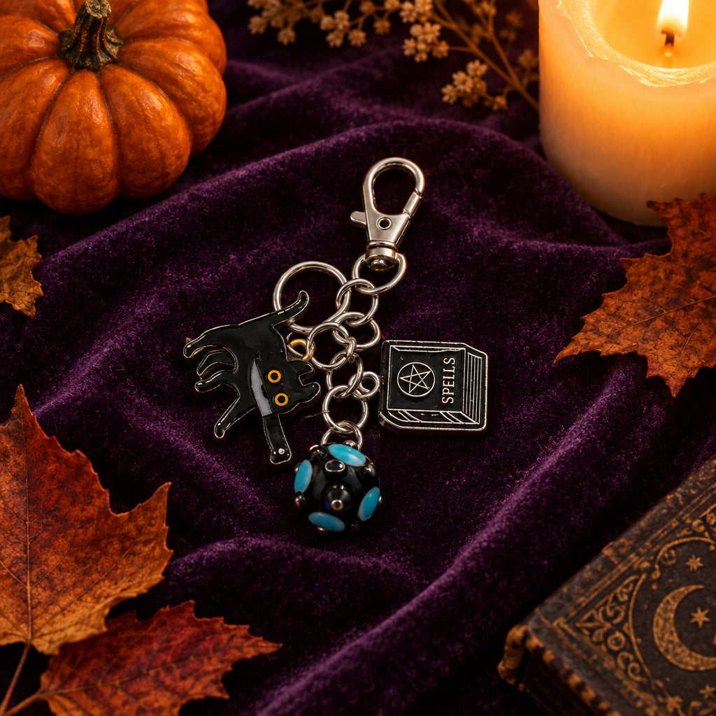 A small keychain charm set featuring a black cat silhouette, a black and blue patterned ball charm, and a rectangular black and silver tag, attached to a silver clasp on a plain light gray background.