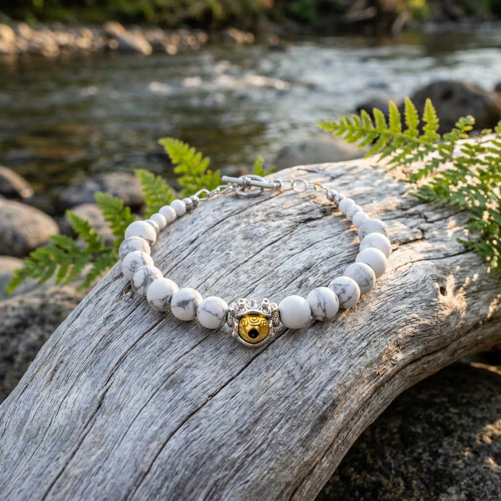A beaded bracelet made of white and gray marbled beads, featuring a central round yellow evil eye charm and a silver-toned clasp, shown on a neutral gray background.