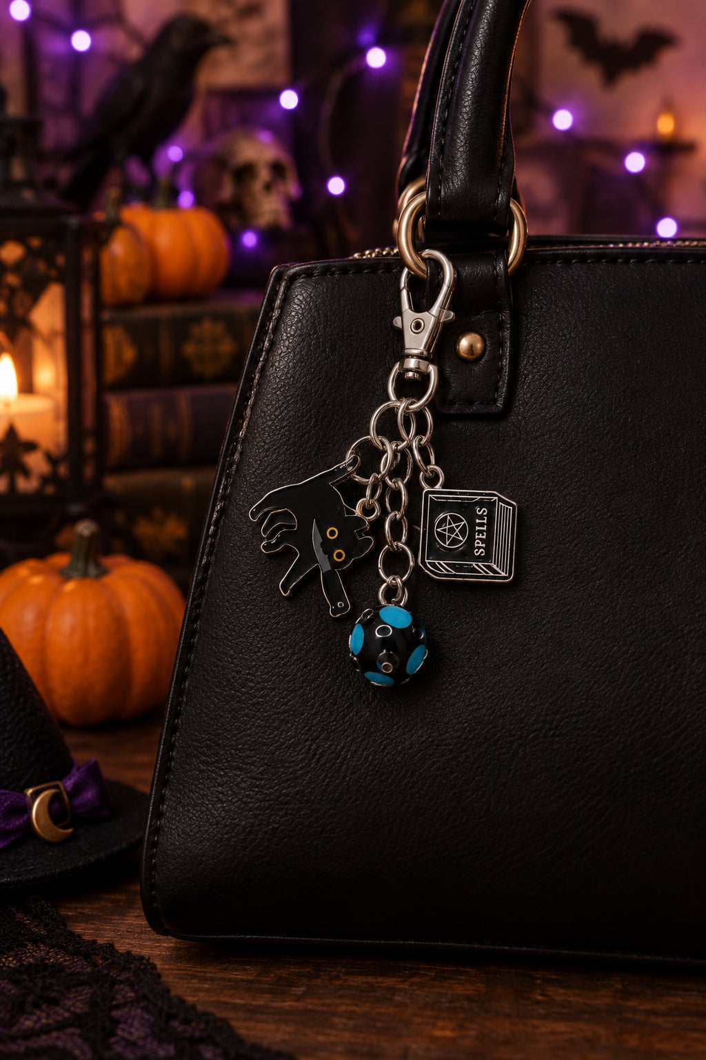 A silver-tone metal keychain featuring a black cat charm with orange eyes, a small black plaque charm, and a blue and black bead charm, displayed on a plain light gray surface.