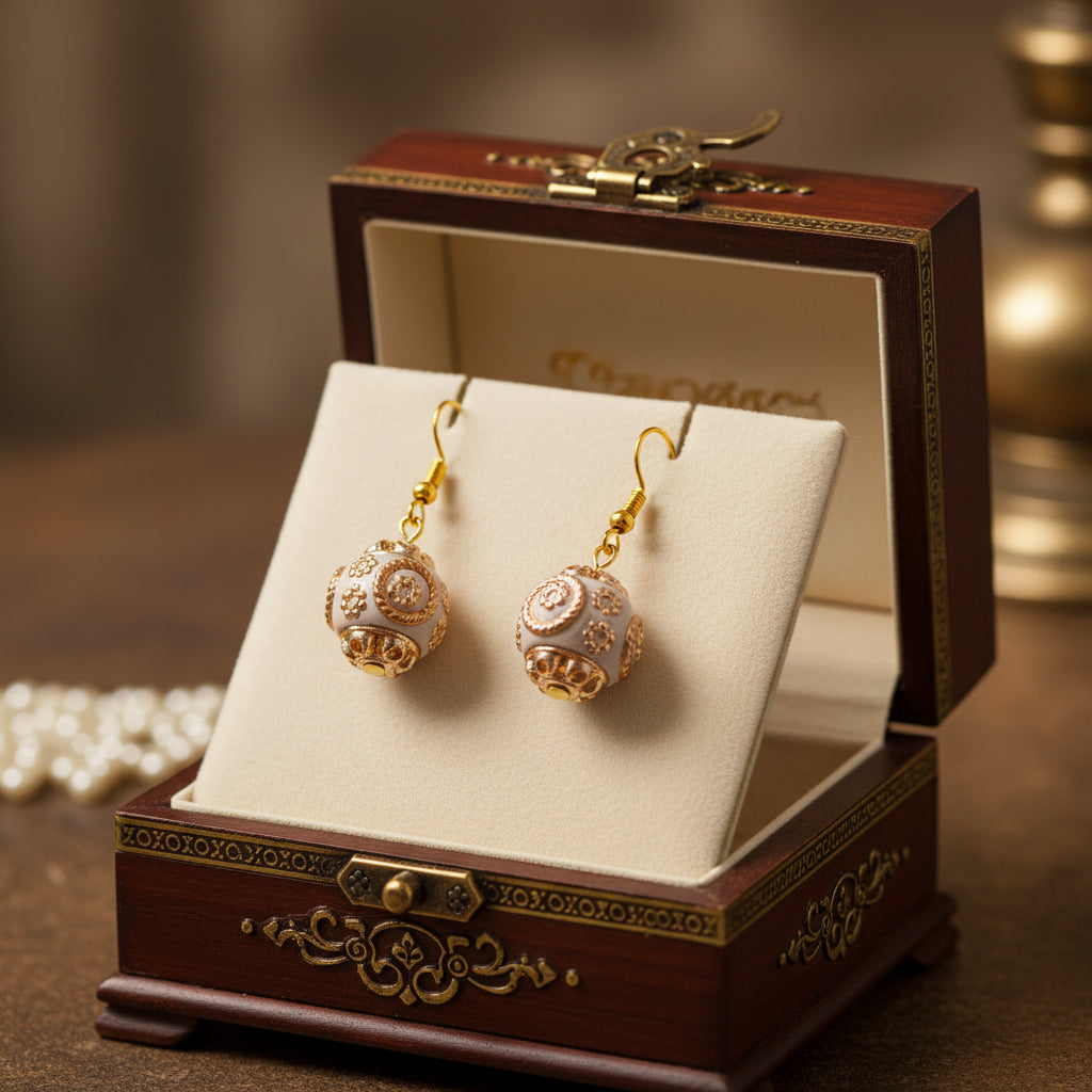 A pair of dangling earrings with gold-toned hooks and spherical filigree charms in a warm metallic rose-gold/copper tone, displayed on a clear stand against a soft gray background.
