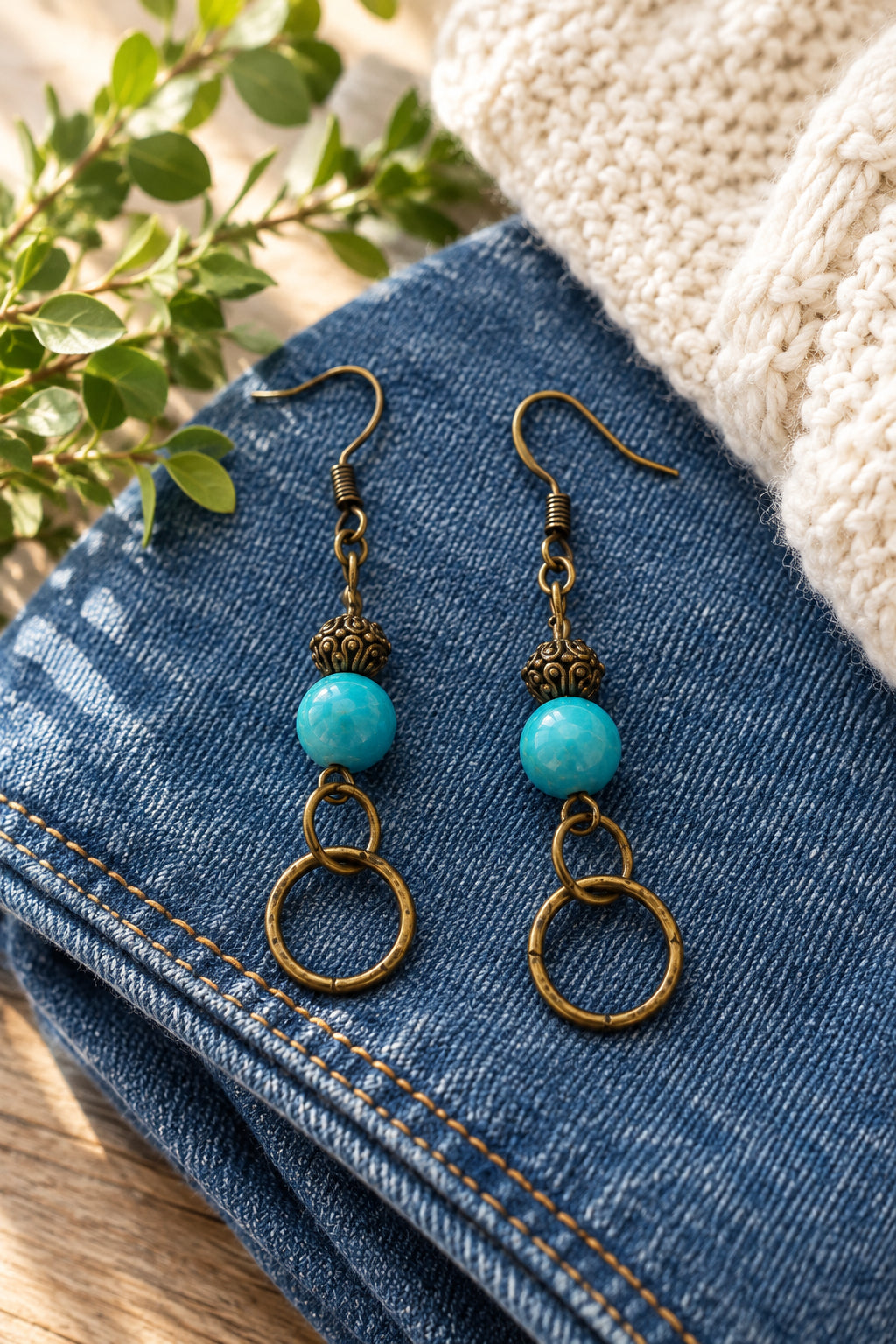A pair of handmade dangle earrings with turquoise blue beads, dark brown textured beads, and antique bronze metal rings, displayed on a white card labeled 'River Inspired Handcrafted Jewelry'.