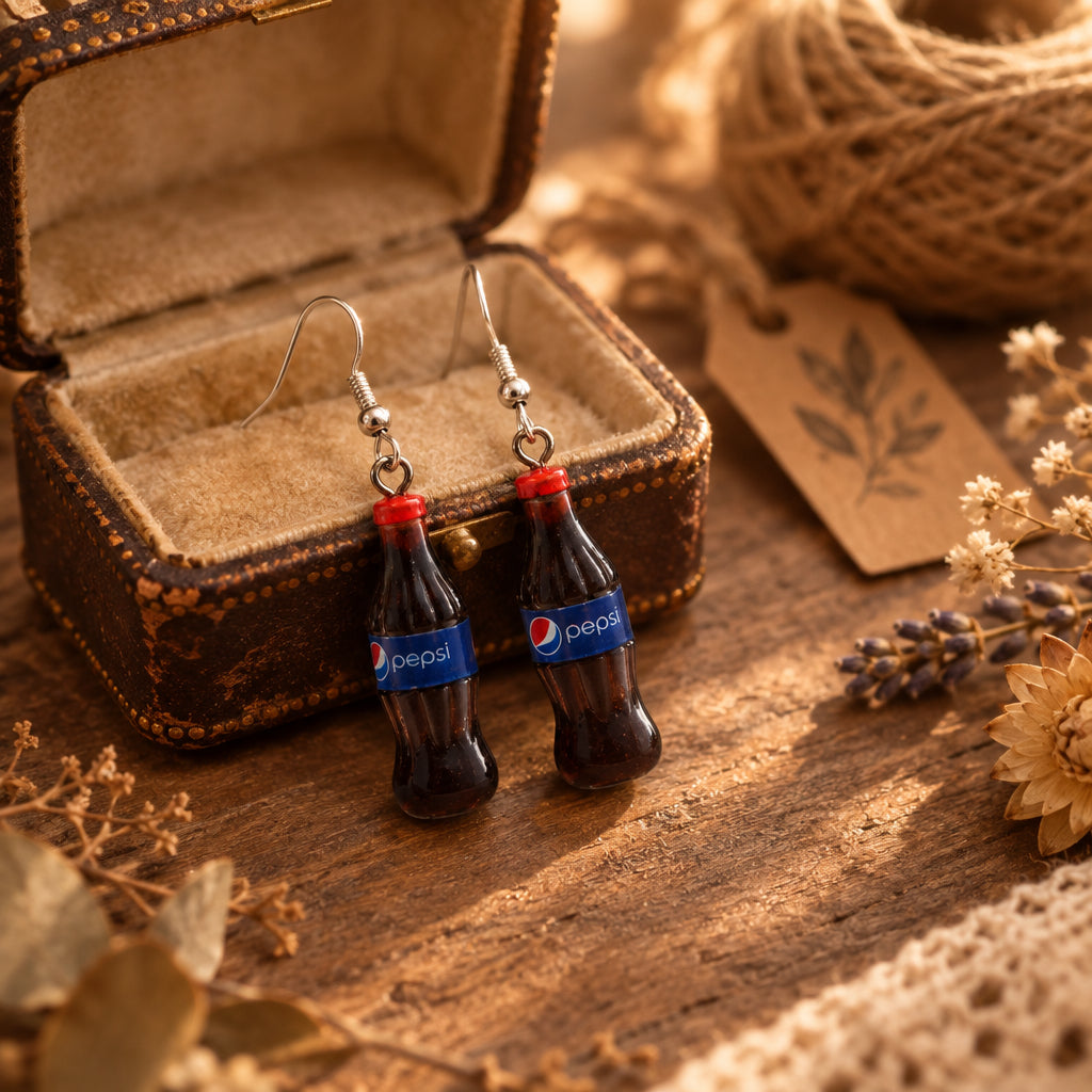 A pair of miniature Coca-Cola bottle dangle earrings with silver fishhook wires, displayed on a clear acrylic stand against a neutral gray background.