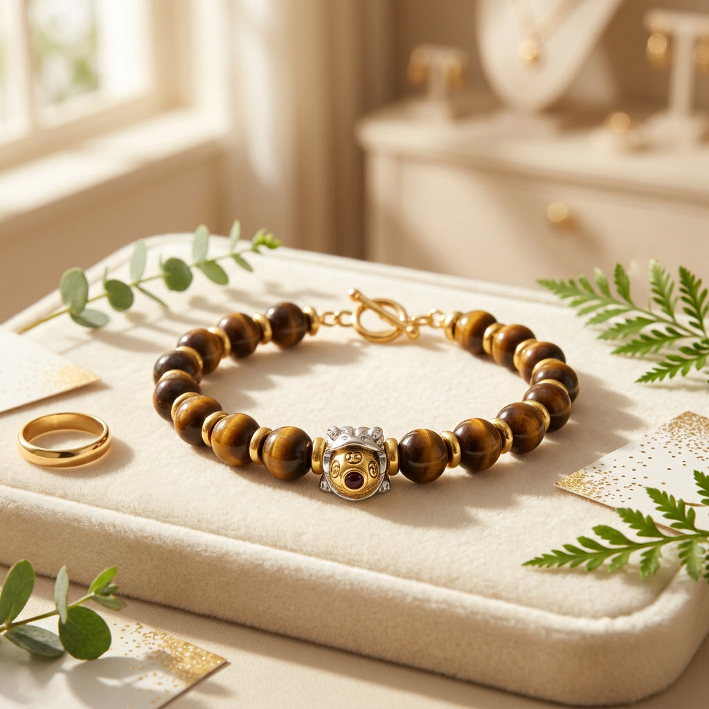A beaded bracelet featuring brown and black tiger's eye beads, separated by gold spacer rings, with a central gold and silver lion head charm, shown on a neutral gray background.