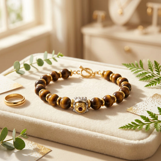 A beaded bracelet featuring brown and black tiger's eye beads, separated by gold spacer rings, with a central gold and silver lion head charm, shown on a neutral gray background.