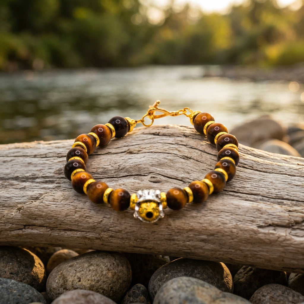 A beaded bracelet featuring brown and black tiger's eye beads, accented with gold spacer rings and a central gold-toned charm, shown on a neutral gray background.