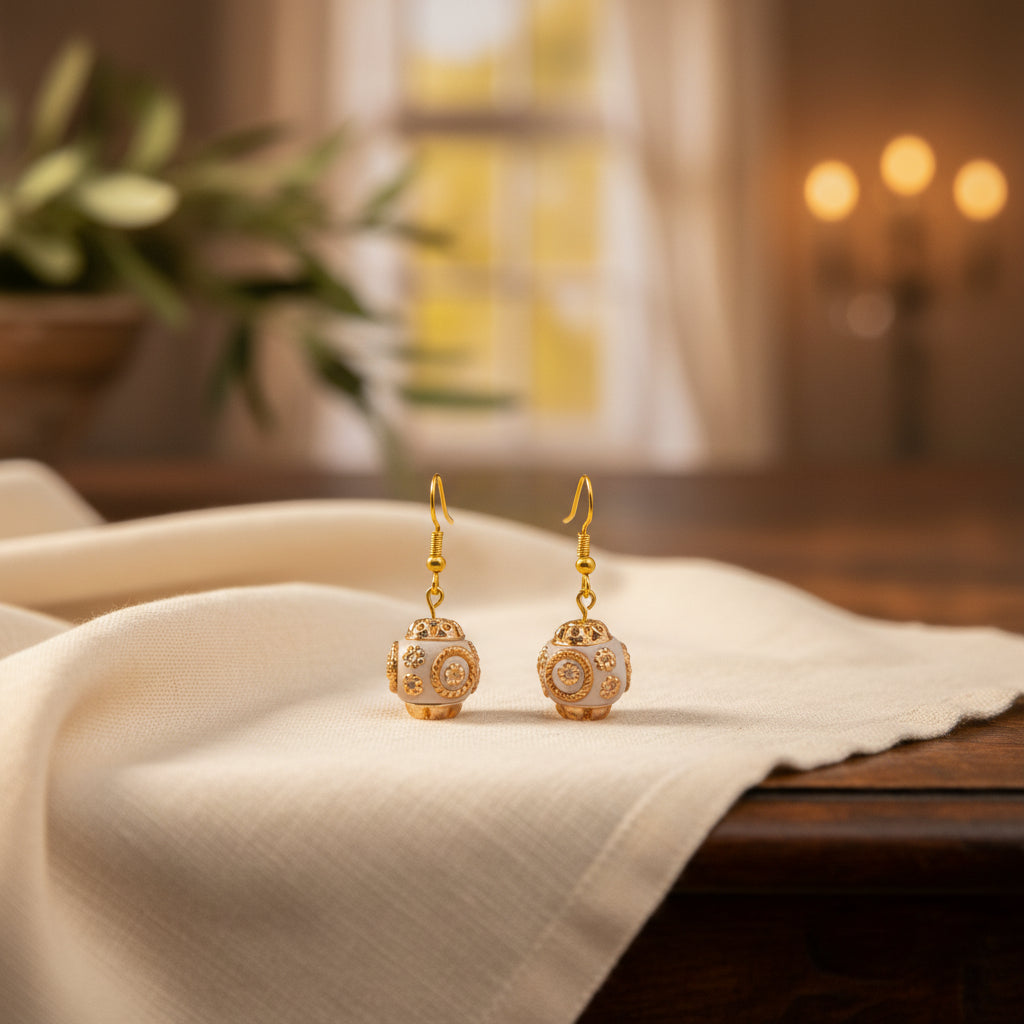 A pair of dangling earrings with ornate filigree gold-toned tops and pale pinkish-beige round charms, displayed on a clear stand against a light gray background.