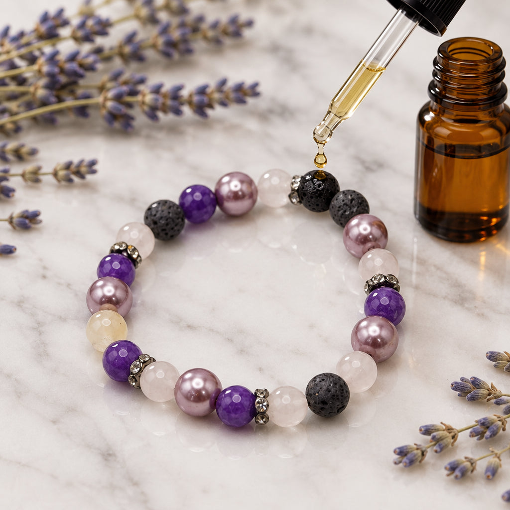 A beaded stretch bracelet featuring purple and lavender pearls, dark gray lava stone beads, and small silver spacer beads, displayed on a neutral light gray background.