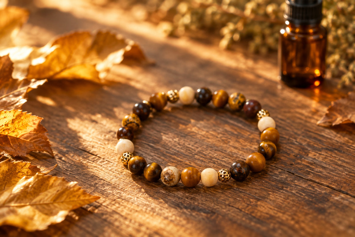 A beaded stretch bracelet made of round wooden beads in shades of brown, tan, and cream, accented with small gold spacer beads, shown on a plain light gray background.
