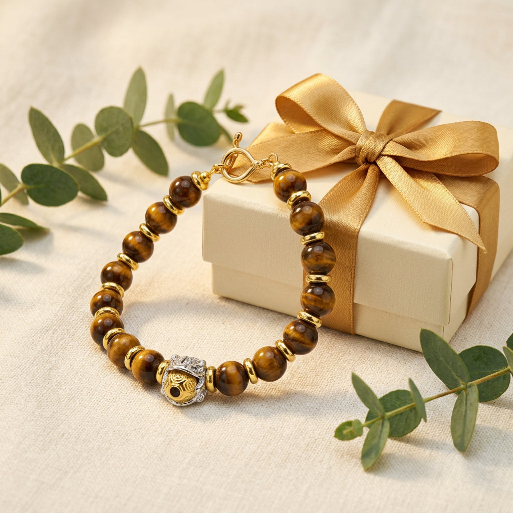A beaded bracelet with brown and black tiger's eye beads, accented by gold spacer rings and a central gold and silver charm, shown on a neutral gray background.