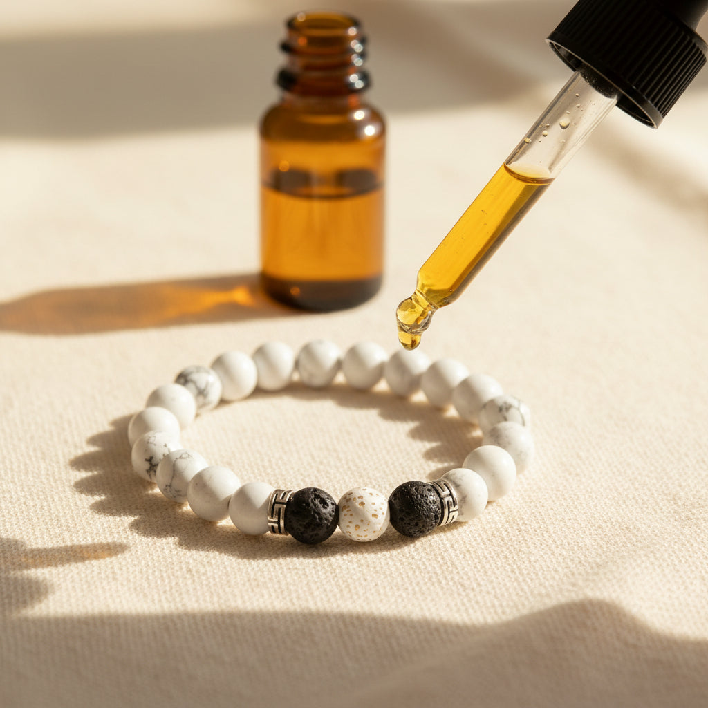 A beaded stretch bracelet featuring matte white and black lava stone beads, accented with silver-toned metal spacers, shown on a neutral gray background.
