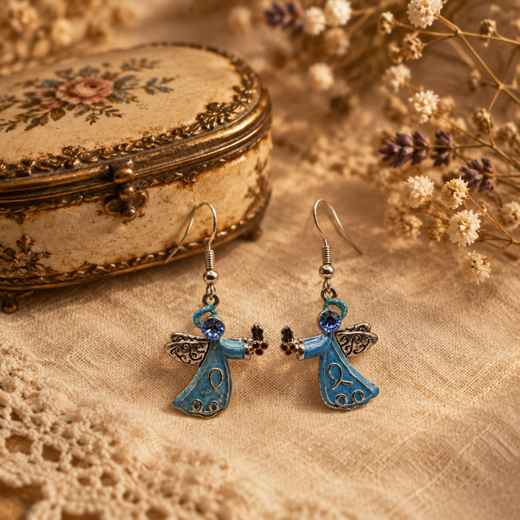 A pair of dangling angel earrings with light blue enamel bodies, silver wings and hooks, and small dark accents, displayed on a clear stand against a light gray background.