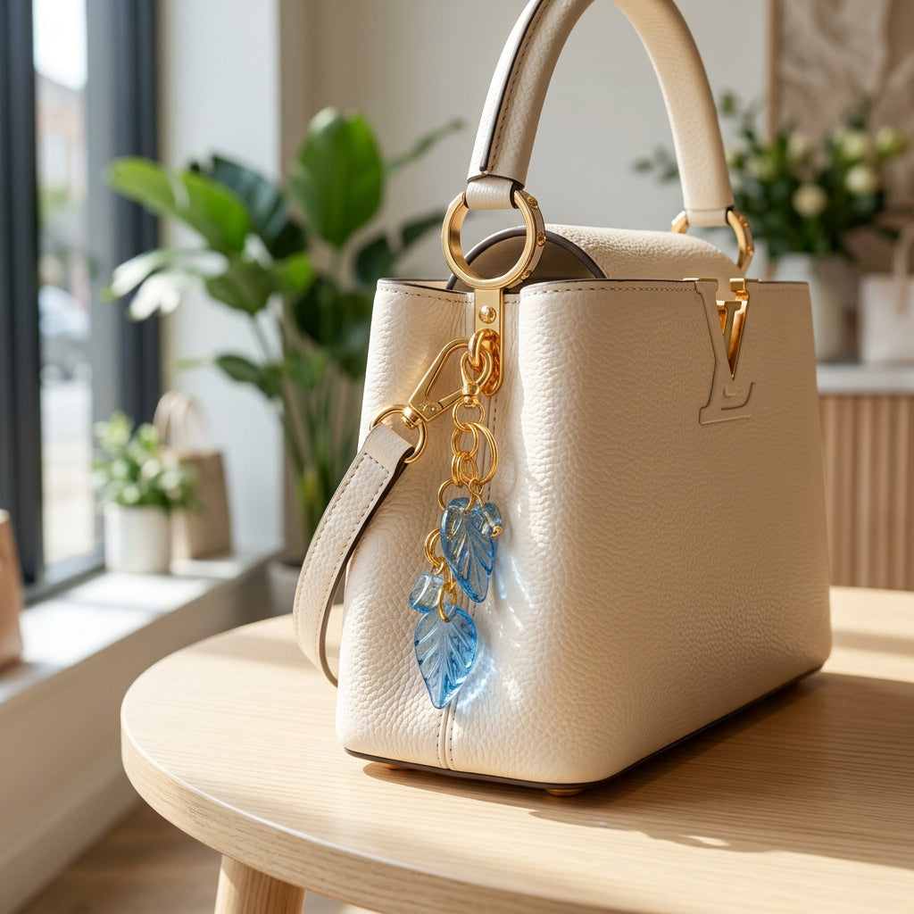 A gold-tone keychain with blue glass angel wings and small beads, hanging from a clear acrylic display stand against a light gray background.
