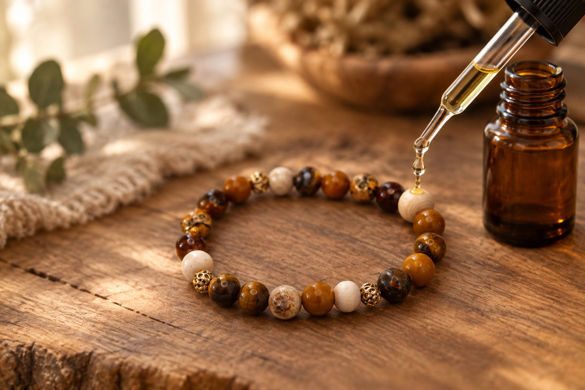 A beaded stretch bracelet featuring round beads in brown, golden-brown, cream, and dark brown, accented with small metallic gold spacers, shown on a plain light gray background.