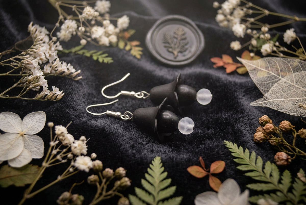 Midnight Bellflower Earrings – Black Floral Dangles