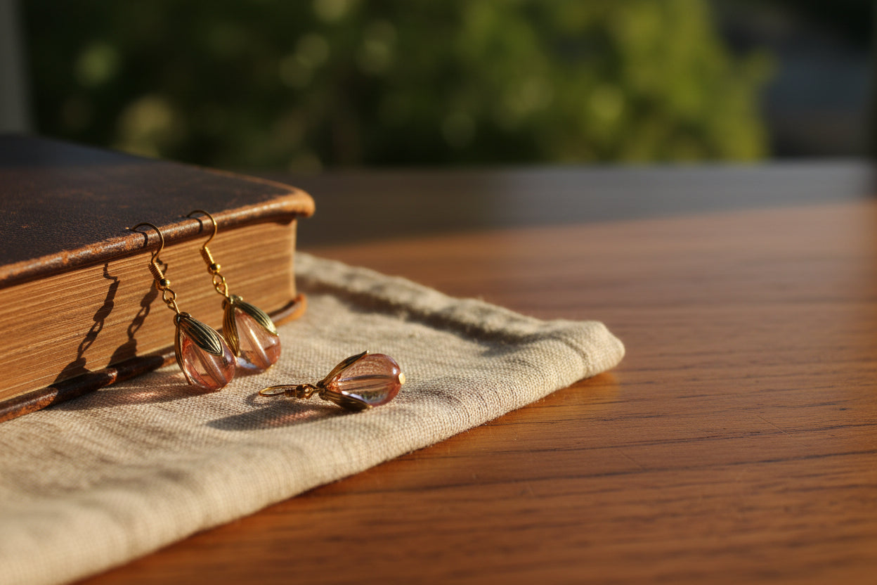 A pair of gold-tone dangle earrings with teardrop-shaped pink and clear resin beads, displayed on a clear acrylic stand against a light gray background.