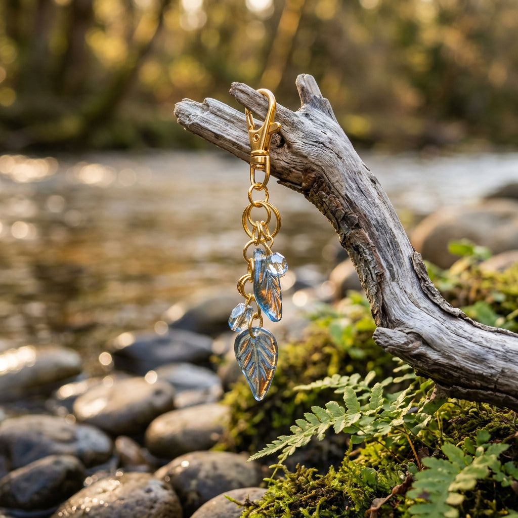 A gold-tone keychain or bag charm with blue glass crystal pendants, hanging from a clear acrylic display stand against a neutral gray background.