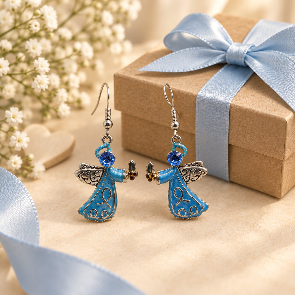 A pair of dangling angel earrings displayed on a clear acrylic stand against a light gray background. The earrings feature blue and silver angel charms with small dark bead accents.