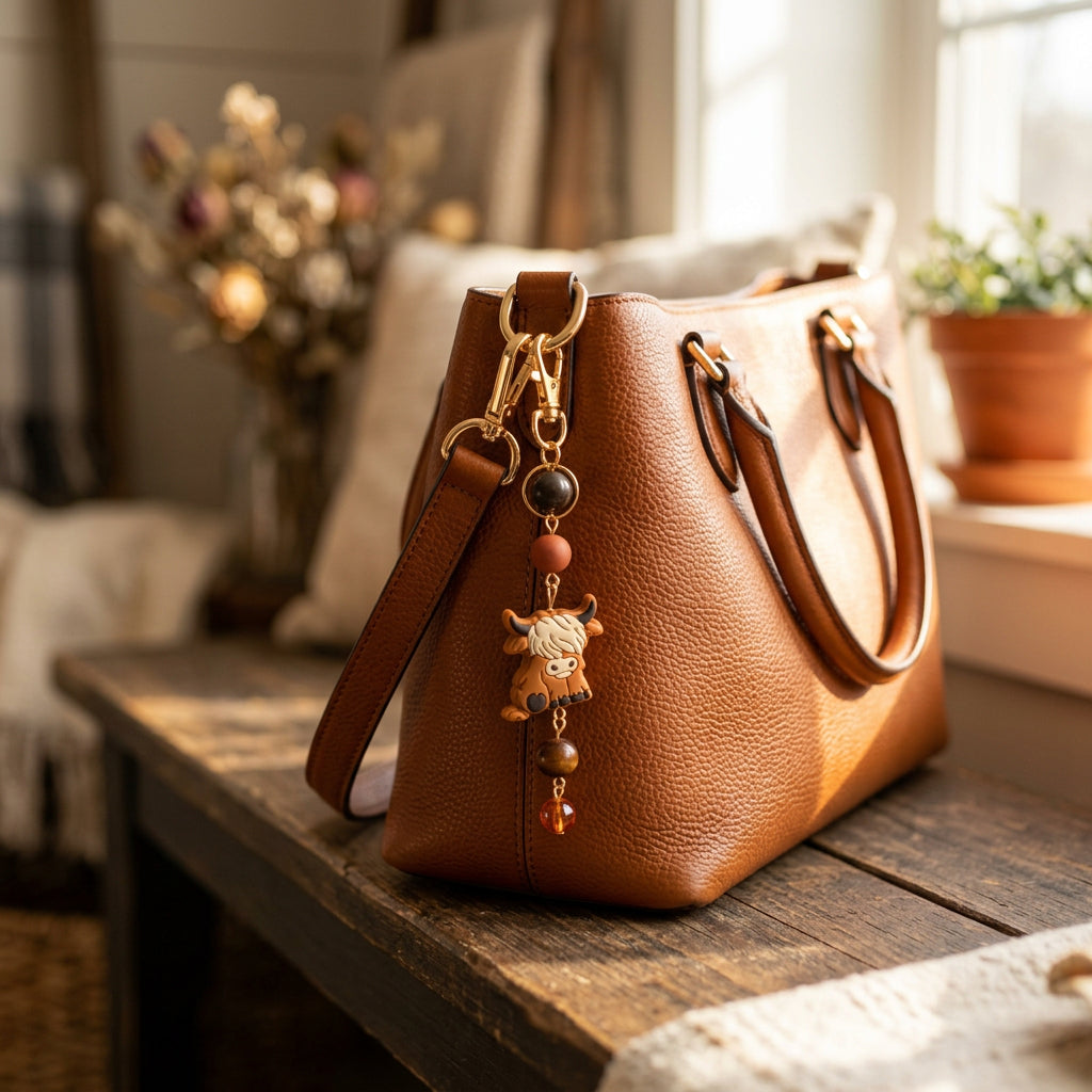 A small beaded charm or keychain with a gold clasp, featuring a brown bear figure and dark round beads, displayed on a clear acrylic stand with a wooden base against a light gray background.