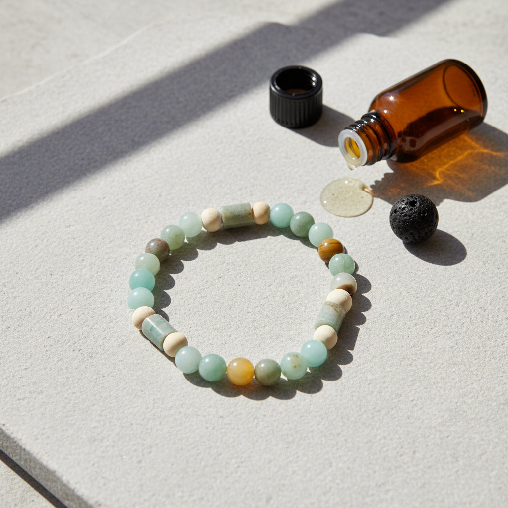A beaded stretch bracelet made of natural stone beads in various earthy colors including light green, cream, brown, and gray, arranged in a circle on a light gray background.