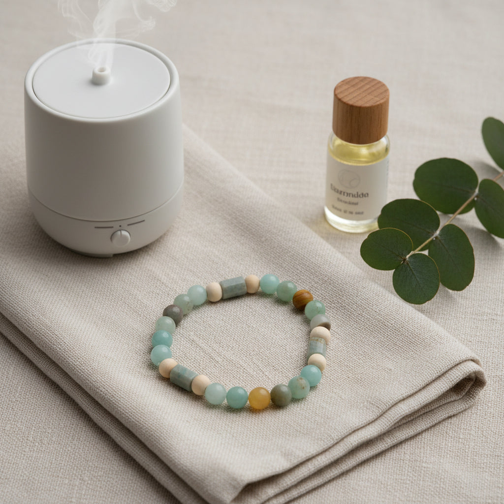 A beaded stretch bracelet made of mixed natural stones in light blue, sage green, cream, and brown, displayed on a neutral light gray background.