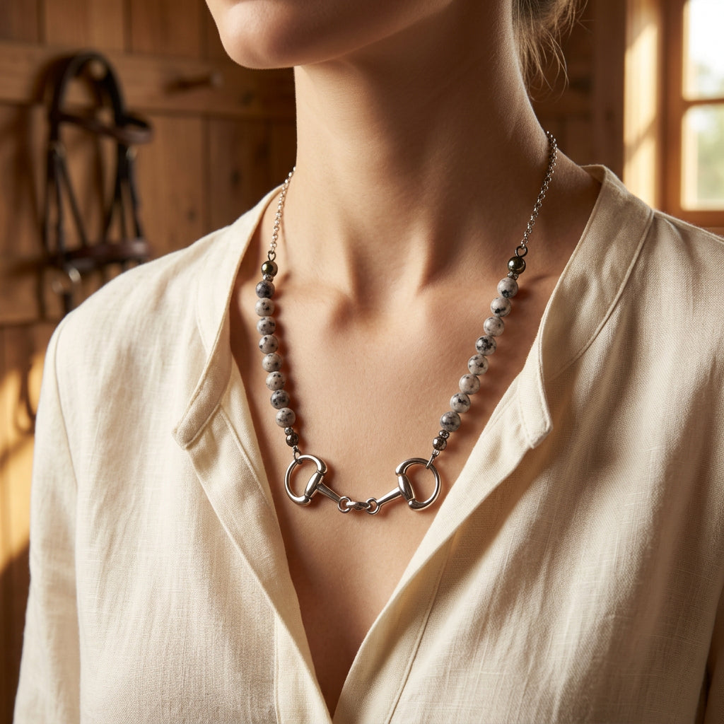 A silver-toned horse bit necklace with gray marbled beads, displayed on a black velvet jewelry bust against a white background.