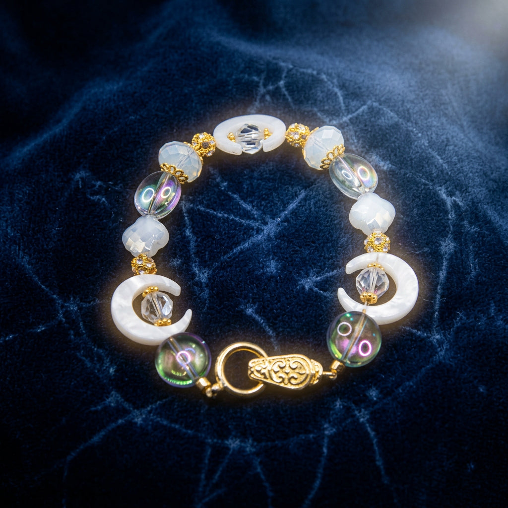 A beaded bracelet featuring white crescent moon beads, iridescent green and purple accent beads, gold spacer rings, and a gold leaf charm on a light gray background.
