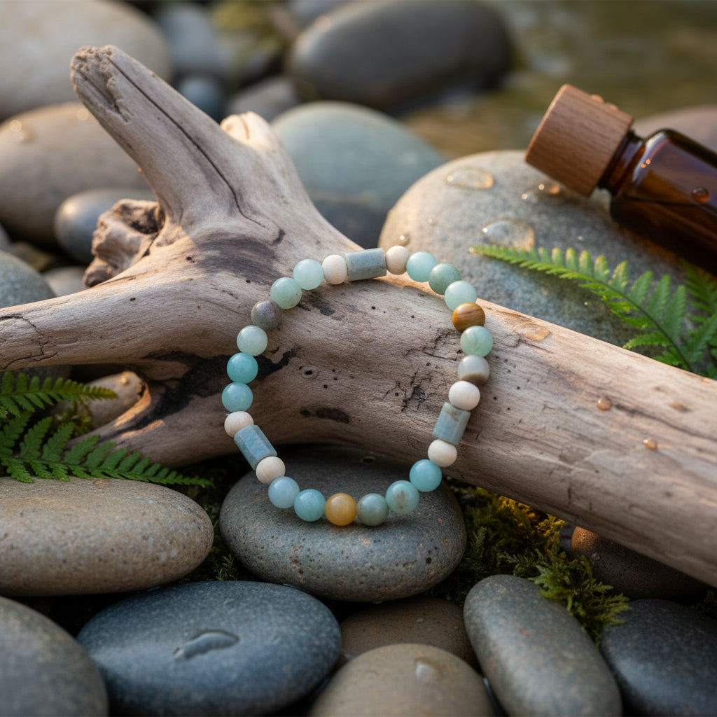 A beaded stretch bracelet made of round and rectangular beads in light blue, sage green, cream, and brown, arranged in a circle on a light gray background.