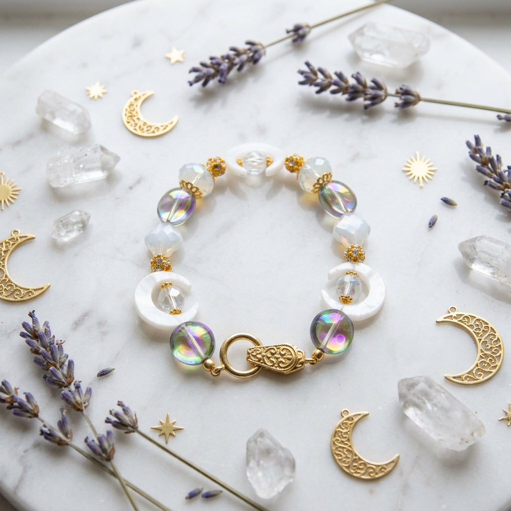 A beaded stretch bracelet featuring white crescent moon beads, iridescent glass beads, and gold-plated metal accents, including a decorative clasp, shown on a plain light gray background.
