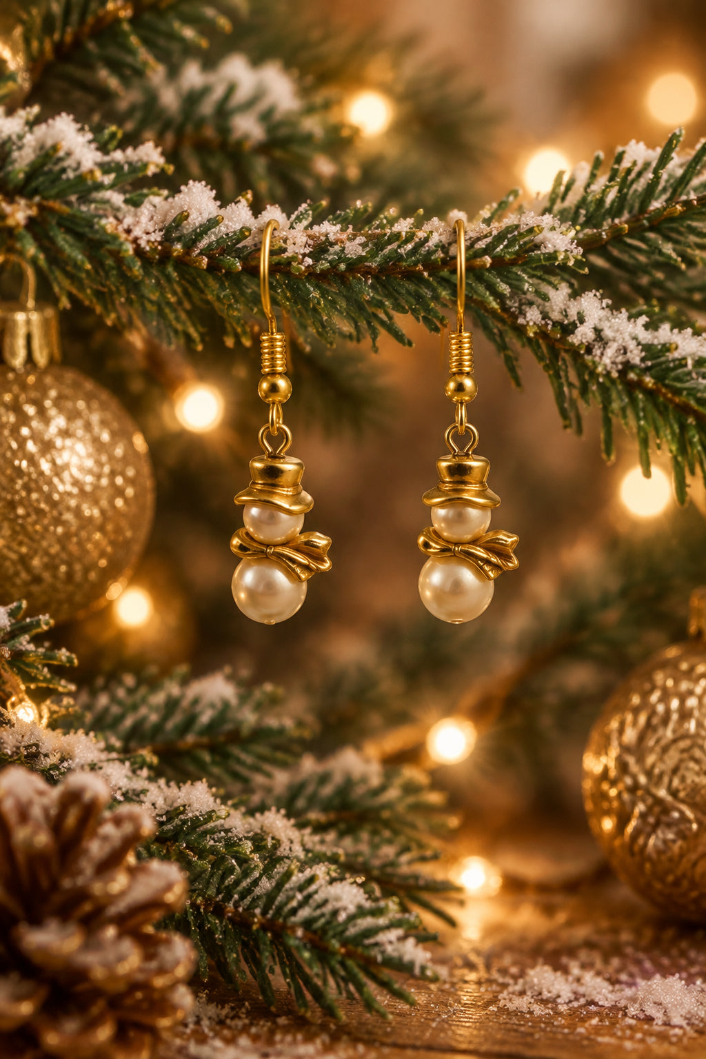 A pair of gold dangle earrings with a stacked pearl design, displayed on a clear acrylic stand against a light gray background.