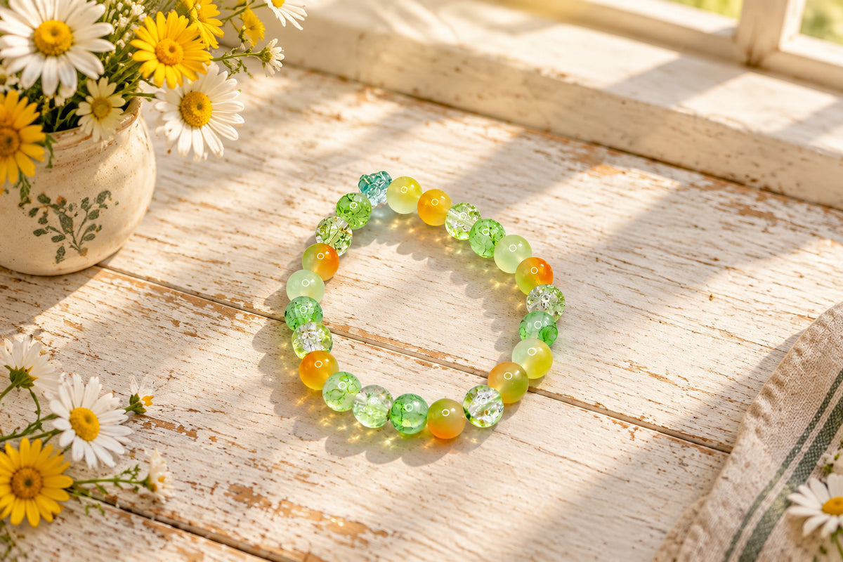 A beaded stretch bracelet made of translucent green, light green, orange, and clear glass beads, displayed on a plain light gray background.