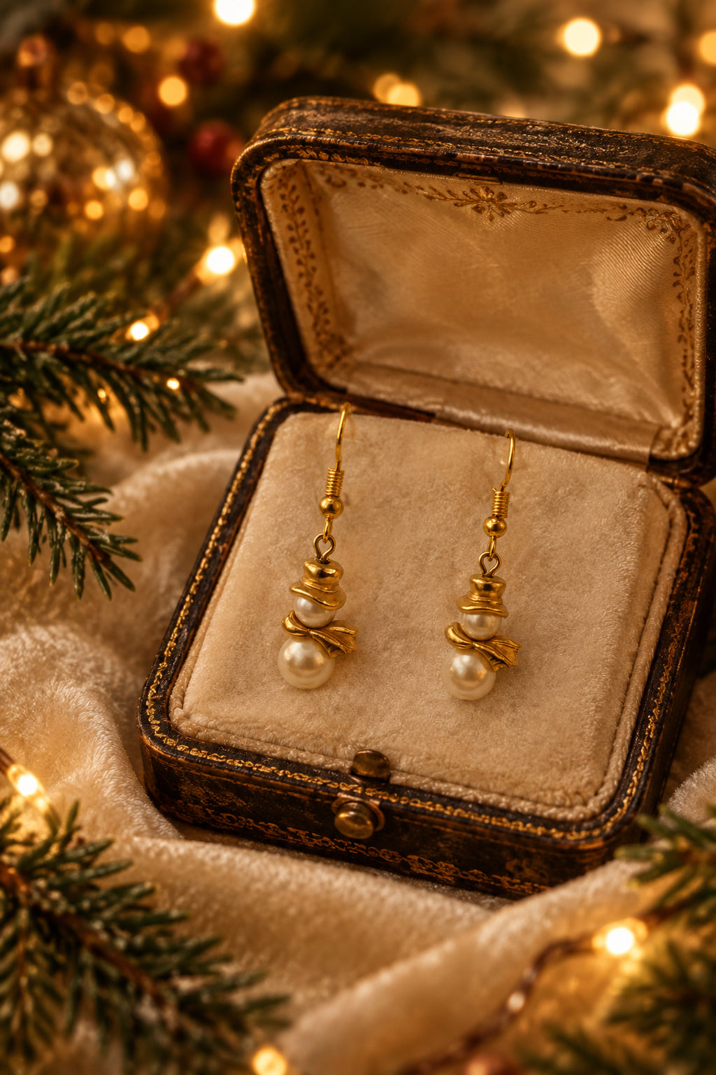 A pair of gold drop earrings with textured gold links and white pearl beads, displayed on a clear plastic stand against a neutral gray background.
