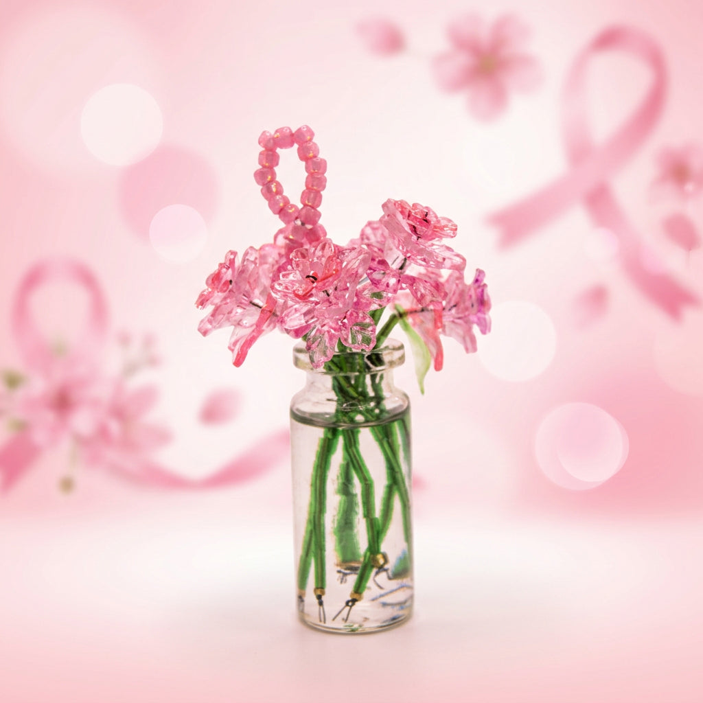 A small clear glass vial with water holding pink plastic flower stems with green stems, set against a white studio background.