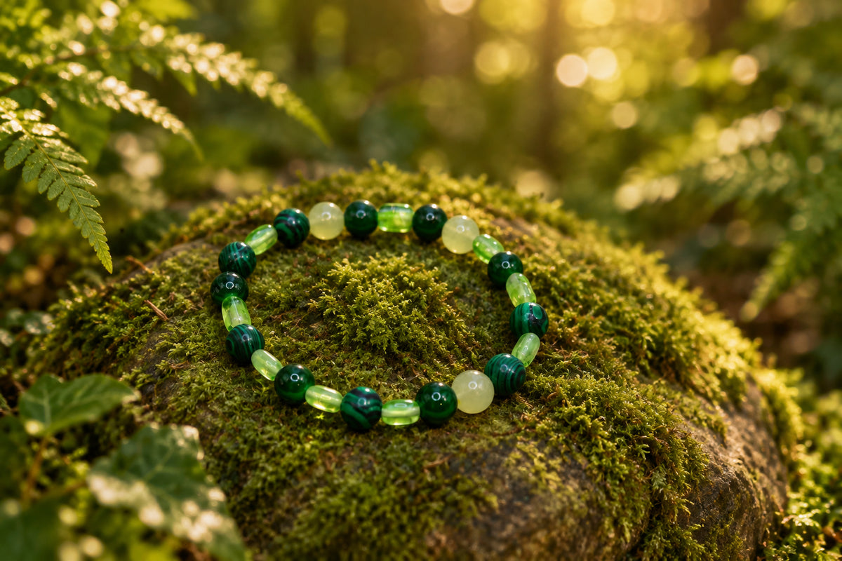 A beaded stretch bracelet made of green and white translucent beads, displayed on a plain light gray background.