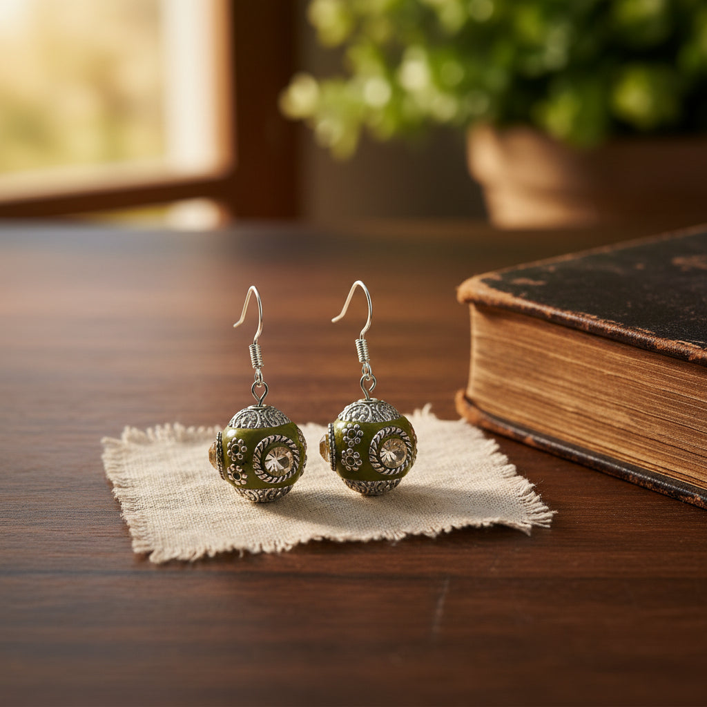 A pair of handmade dangle earrings with olive green enamel, silver filigree, and small cream-colored stones, hanging from silver fishhook wires against a light gray background.