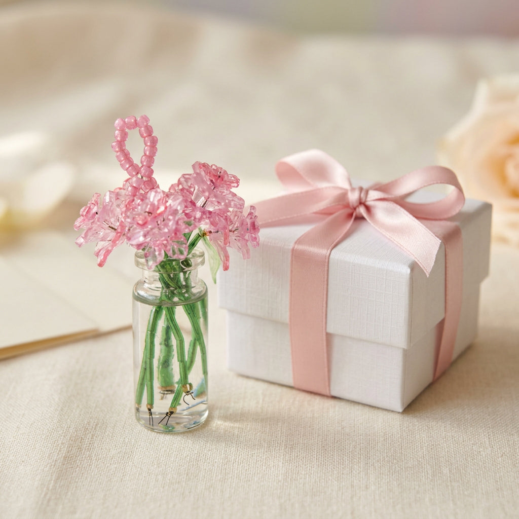A small clear glass vial with water and beads, holding pink beaded flowers with green stems, set against a plain light gray studio background.