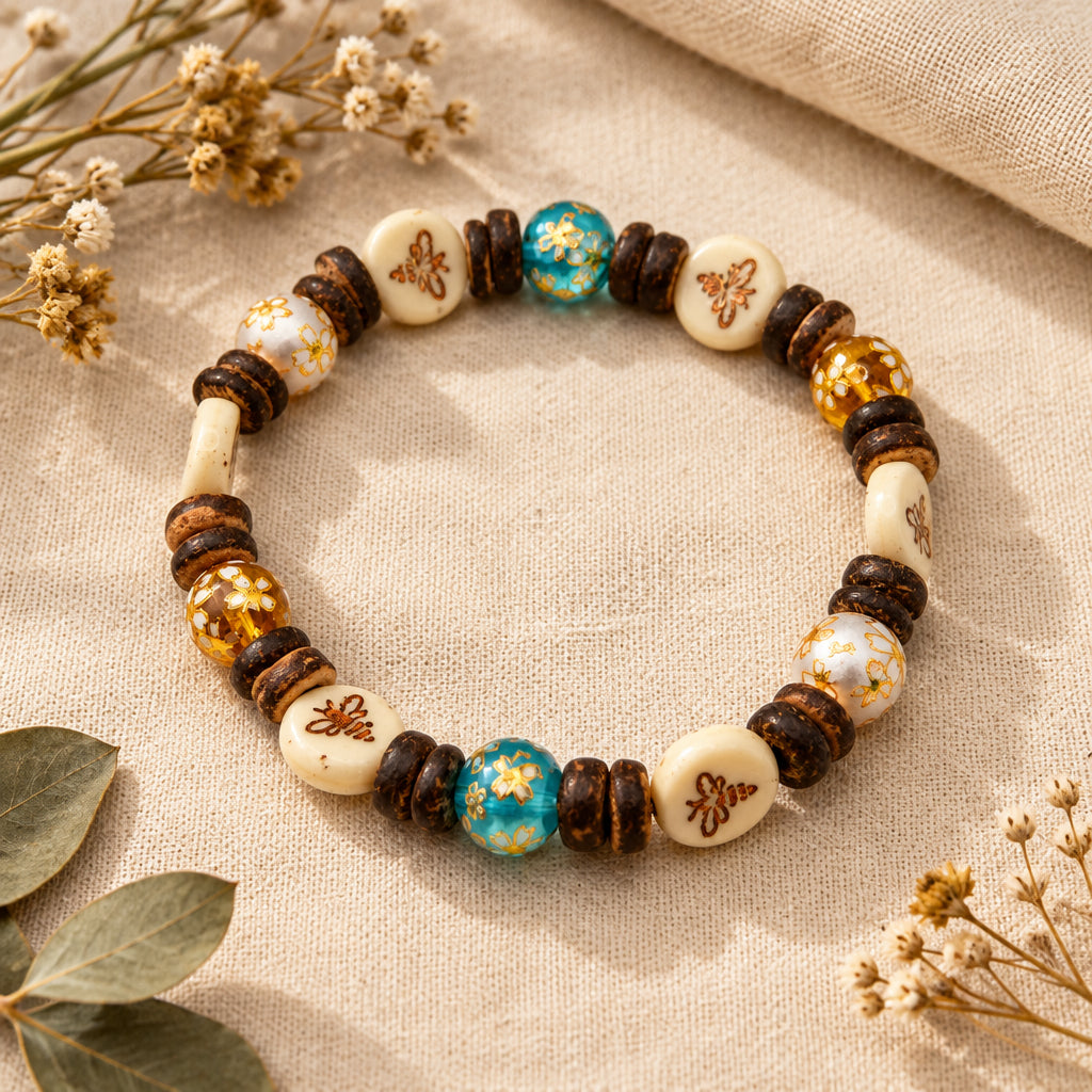 A beaded stretch bracelet featuring alternating dark brown wood beads, cream-colored beads with gold fleur-de-lis engravings, translucent amber beads, and two round blue glass beads with gold leaf detailing, displayed on a neutral light gray background.