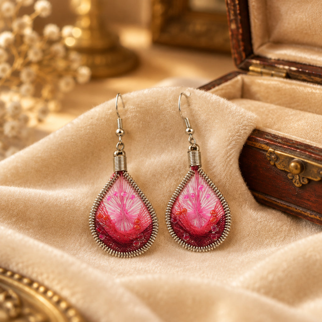 A pair of teardrop-shaped dangle earrings with silver-toned wire frames and hooks, featuring pink and red floral inlay, displayed against a light gray background.
