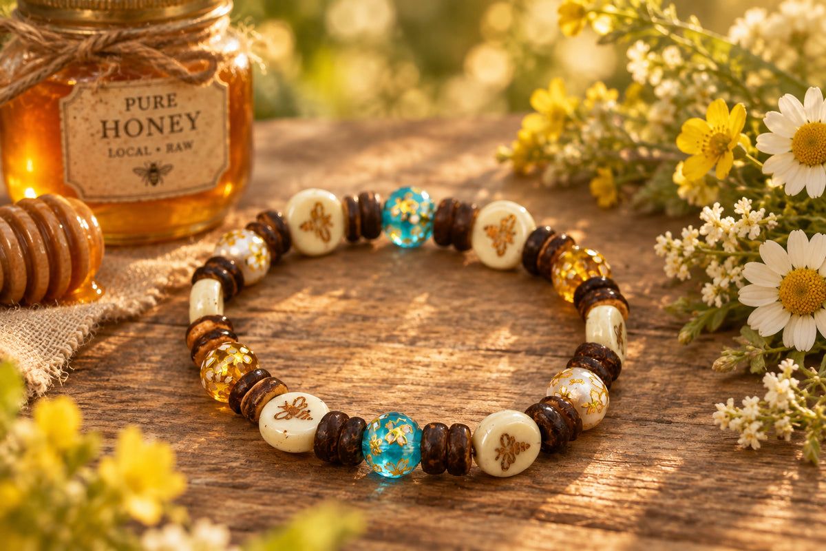 A beaded stretch bracelet featuring dark brown wooden beads, cream-colored beads with gold floral engravings, translucent gold-patterned beads, and two round blue glass beads with gold leaf detailing, displayed on a neutral light gray background.