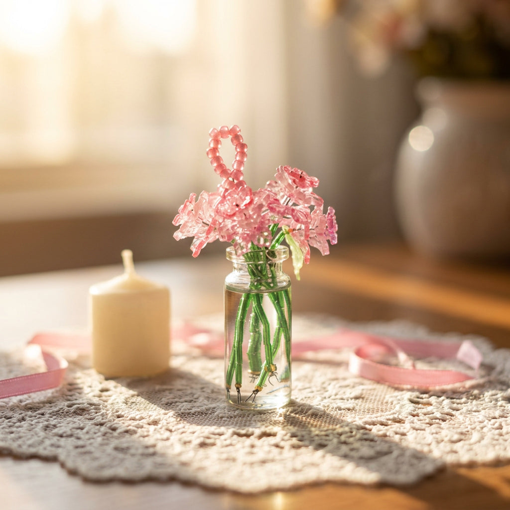 A small clear glass vial with water and decorative elements, holding a bouquet of pink glittery artificial flowers with green stems, set against a white studio background.