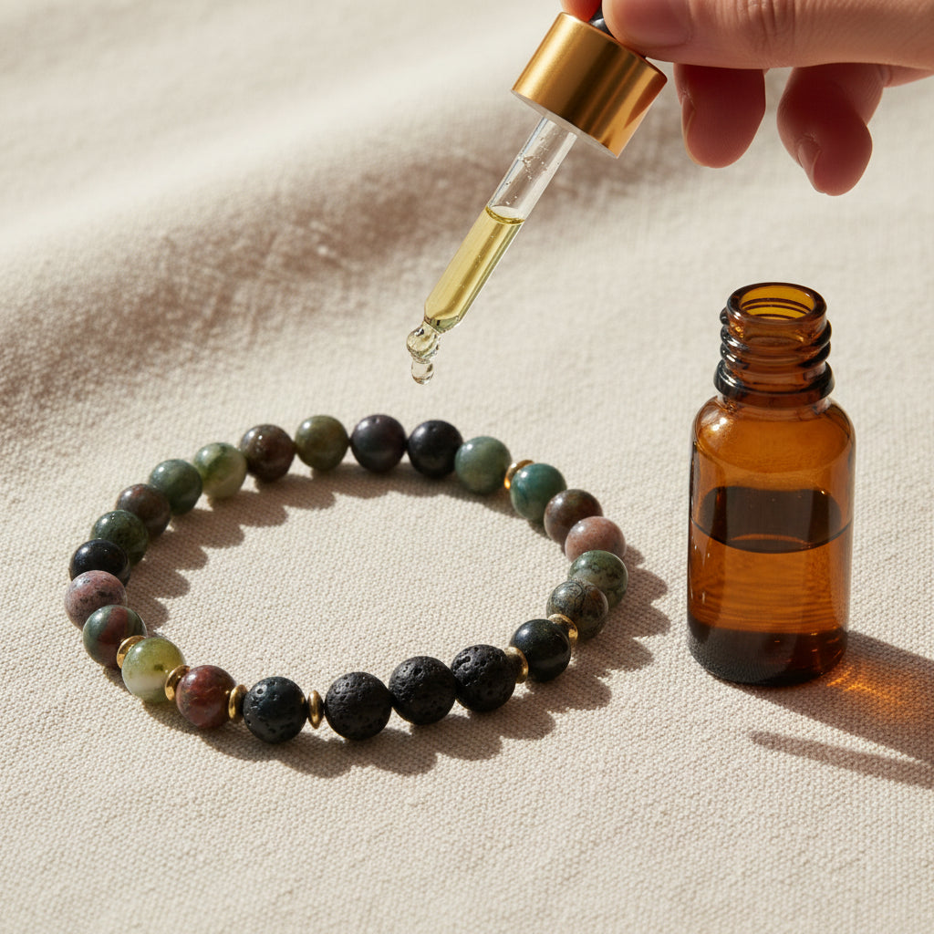 A beaded stretch bracelet featuring a mix of dark green, black, gray, and brown stone beads, accented by small gold spacer rings, shown on a neutral light gray background.