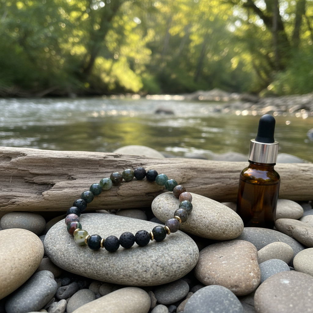 A beaded stretch bracelet made of dark volcanic lava stone beads and polished multicolor gemstone beads separated by small gold spacer rings, displayed on a neutral light gray background.
