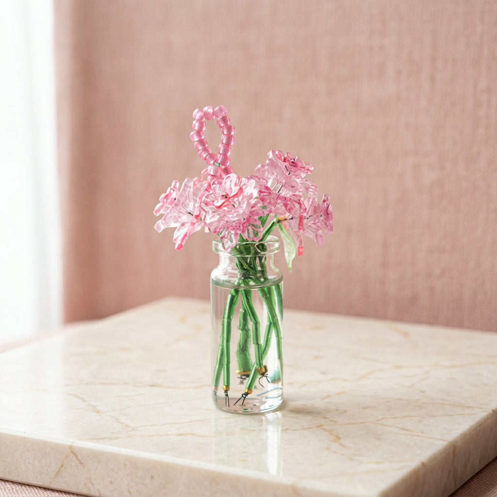 A small clear glass vase filled with water, holding a cluster of pink glittery artificial flowers with green stems, centered against a plain light gray studio background.