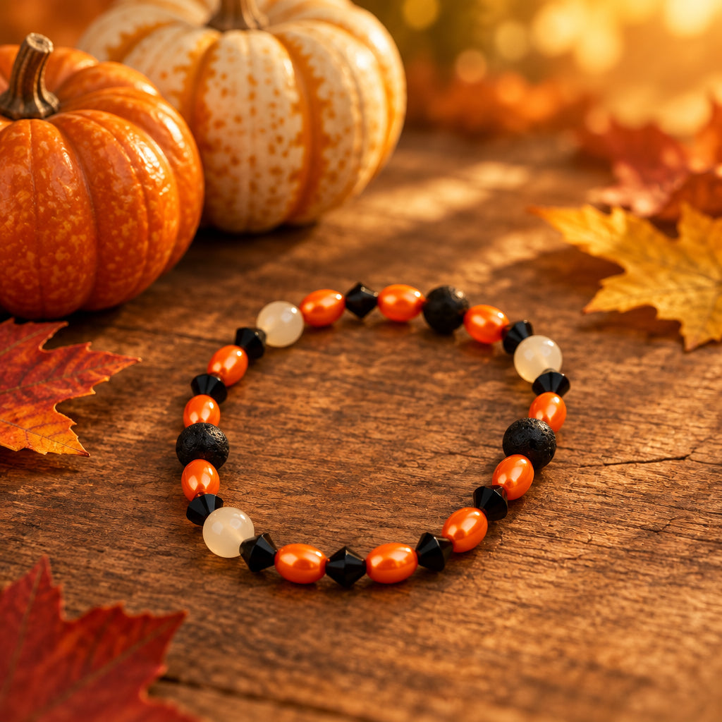 A beaded stretch bracelet featuring alternating black, orange, and translucent white beads, displayed on a plain light gray background.