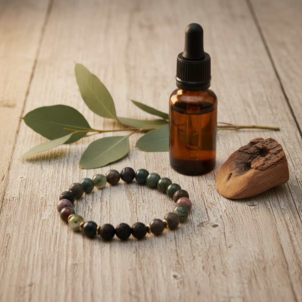 A beaded stretch bracelet featuring dark lava stone beads, green and brown marbled beads, and small gold spacer rings, displayed on a neutral light gray background.